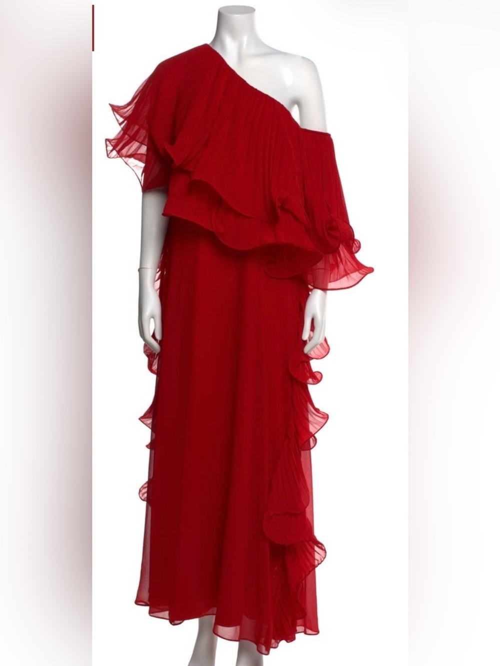 Badgley Mischka Ruffle One-Shoulder Pleated Evening Gown Red US 10